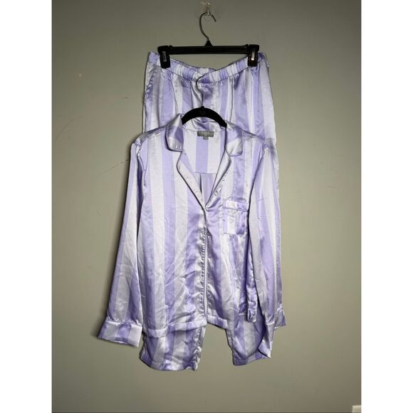LOFT satin purple stripe notch collar pajama set medium - Picture 2 of 9